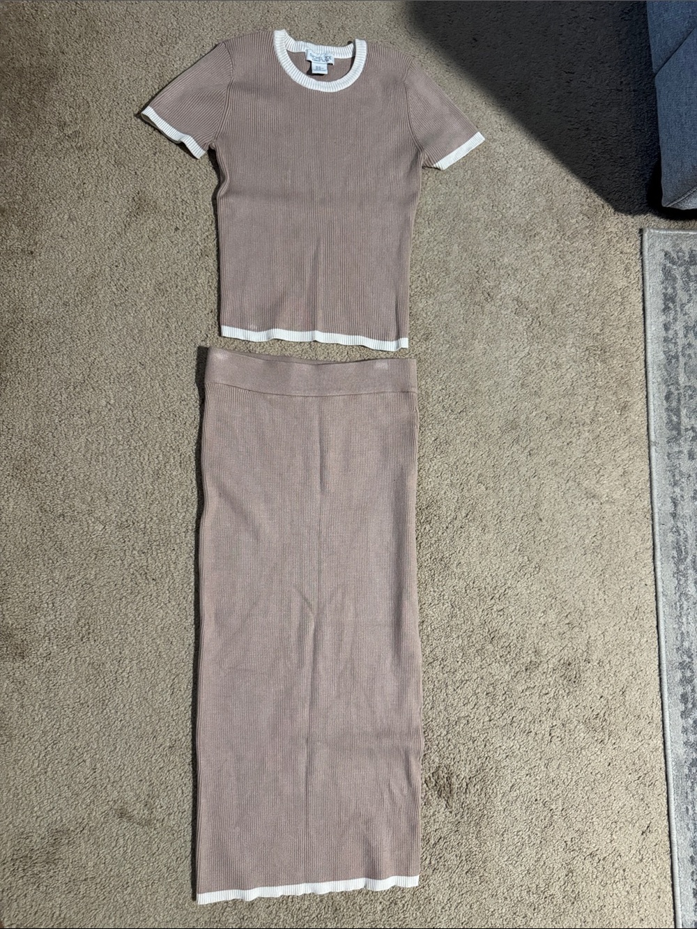 Rachel Zoe Tan Knit Two-Piece Maxi Set with White Trim